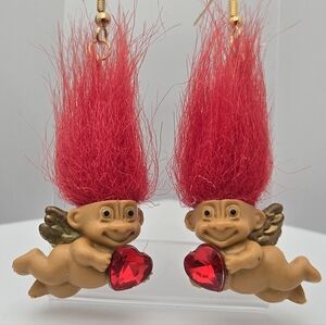 Cupid Troll Earrings Red Hair Heart Gem Vintage Russ Berrie 2.5''